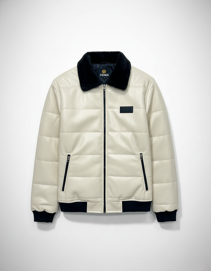 Cream Leather Bomber Jacket