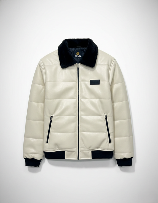 Cream Leather Bomber Jacket