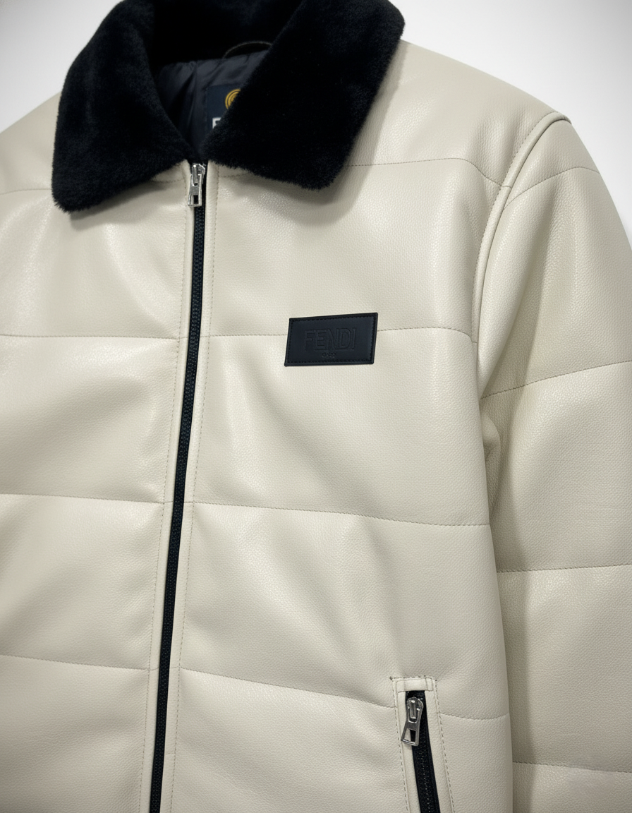 Cream Leather Bomber Jacket