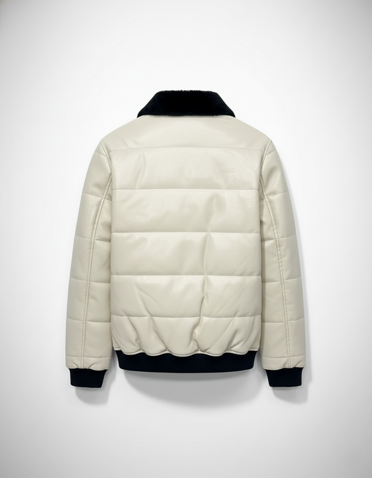 Cream Leather Bomber Jacket